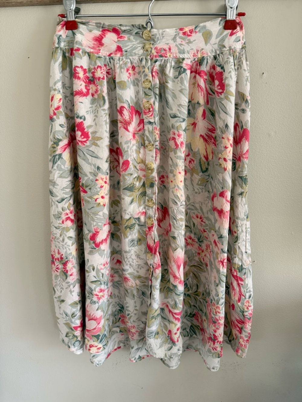 Ecote Cream Midi Skirt with Pink Floral Print